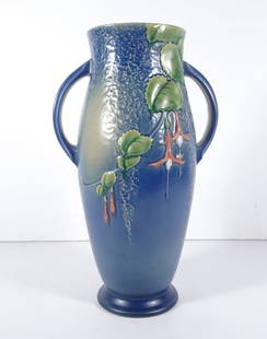 Roseville Pottery Blue Fuchsia Vase: Roseville Pottery Co. blue Fuchsia pattern double handle vase, circa 1938, incised mark on underside of base "Roseville 904-15"