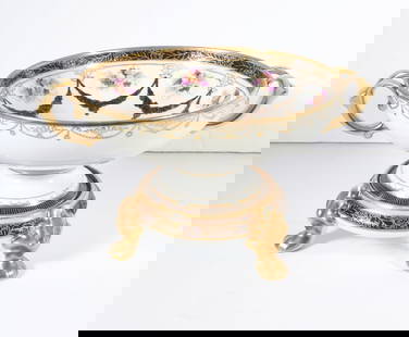 Nippon Porcelain Bowl on Stand: Nippon Japanese porcelain bowl on stand, decorated with hand painted floral designs and gold beading, circa early 20th c., bowl is signed on underside of base "Hand Painted Nippon" with M in wreath,