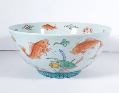 Chinese Export Porcelain Center Bowl: Chinese export porcelain center bowl, inner and outer portions are decorated with hand painted red Goldfish swimming amongst floral and fauna designs, circa mid 20th c., signed on underside of base wi