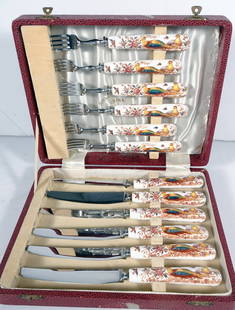 Royal Crown Derby Fork and Knife Set: Royal Crown Derby English porcelain Olde Avesbury (Ely Chelsea Shape) pattern boxed set of six Individual Tea Forks and six Individual Steak Knives, circa mid 20th c., stainless knife blades are