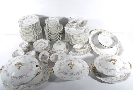 Haviland & Co. Limoges China Set: Haviland & Co. France Limoges china set, service for twelve minus one saucer, 106 pcs decorated with pink and blue floral designs, circa early 20th c., includes 3" Butter Pat (qty 12), 5" Fruit/Desert