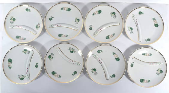 French Porcelain Asparagus Plates: CNP National Porcelain Co. French porcelain asparagus plates, each plate is decorated with three hand painted Asparagus, one hand painted Artichoke and one relief Asparagus form, circa mid 20th c.,