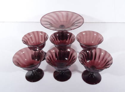 Steuben Glass Amethyst Compote and Sherbets: Steuben Glass Works amethyst colored compote and six sherbets, all have a fluted column design with clear glass stems, circa early 20th c., Compote is signed on underside of base wit a partial origina