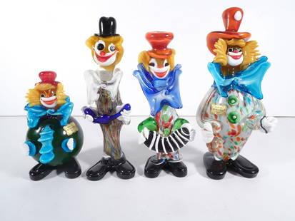 Murano Glass Clown Figures Grouping: Four piece Murano Glass Clown figures grouping, circa mid 20th c., two are signed with "Made in Murano Italy" gold foil paper labels on their body, one is signed with "Made in Italy Murano" gold foil