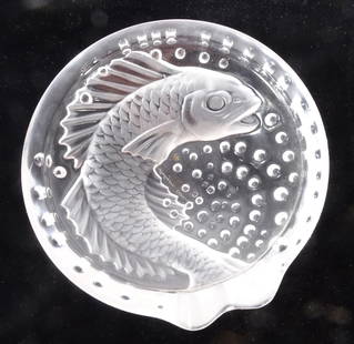 Lalique Crystal Glass Concarneau Ashtray: Lalique frosted crystal glass Concarneau Ashtray, depicts a Koi Fish swimming with air bubbles, circa mid 20th c., signed "Lalique France" on underside of base, 2" (h) x 6" x 6"