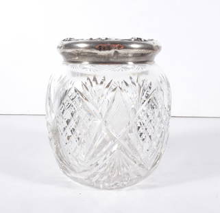 American Cut Glass Humidor w/Sterling Lid: American Brilliant period cut glass Tobacco Humidor with a Sterling Silver lid that is decorated with relief floral and shell scroll designs, circa early 20th c., Humidor is unsigned, lid is signed