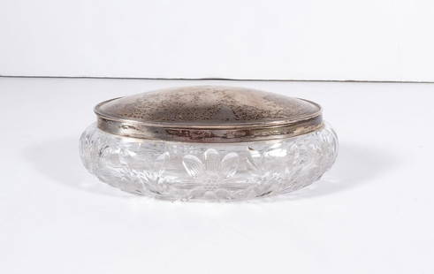 American Cut Glass Jar w/Sterling Lid: American Brilliant period cut glass oval dresser jar with a Sterling Silver lift top lid and rim mount, circa early 20th c., jar is unsigned, lid is signed "Sterling" with Wilcox Silverplate Co. mark