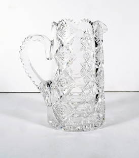 Hawkes American Cut Glass Water Pitcher: T.G. Hawkes & Company American Brilliant period cut glass Queens pattern water pitcher, circa early 20th c., signed "Hawkes" below lower handle terminal, 8" (h) x 7"