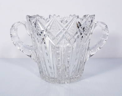 T.B. Clark & Co. American Cut Glass Loving Cup: T.B. Clark & Co. American Brilliant period cut glass double handled Loving Cup, circa early 20th c., signed "Clark & Co." below lower terminal handle, 5 1/2" (h) x 8" x 5 1/2"