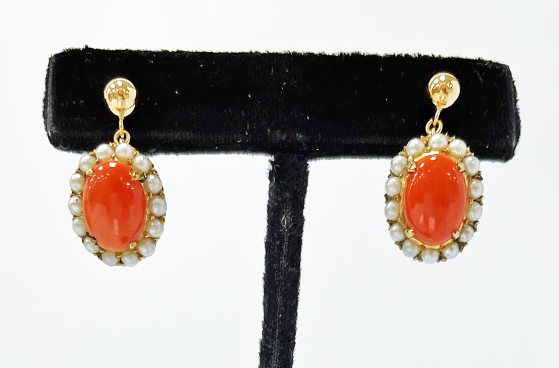 Coral Pearl Yellow Gold Dangle Earrings (1 of 2)