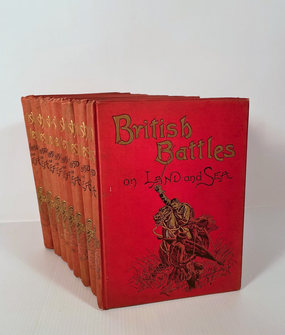 British Battle on Land and Sea Book Set: British Battles on Land and Sea eight volume specially prepared Subscription only edition book set by James Grant, hardcover red covers, front cover with gilt title and gilt and black illustration of