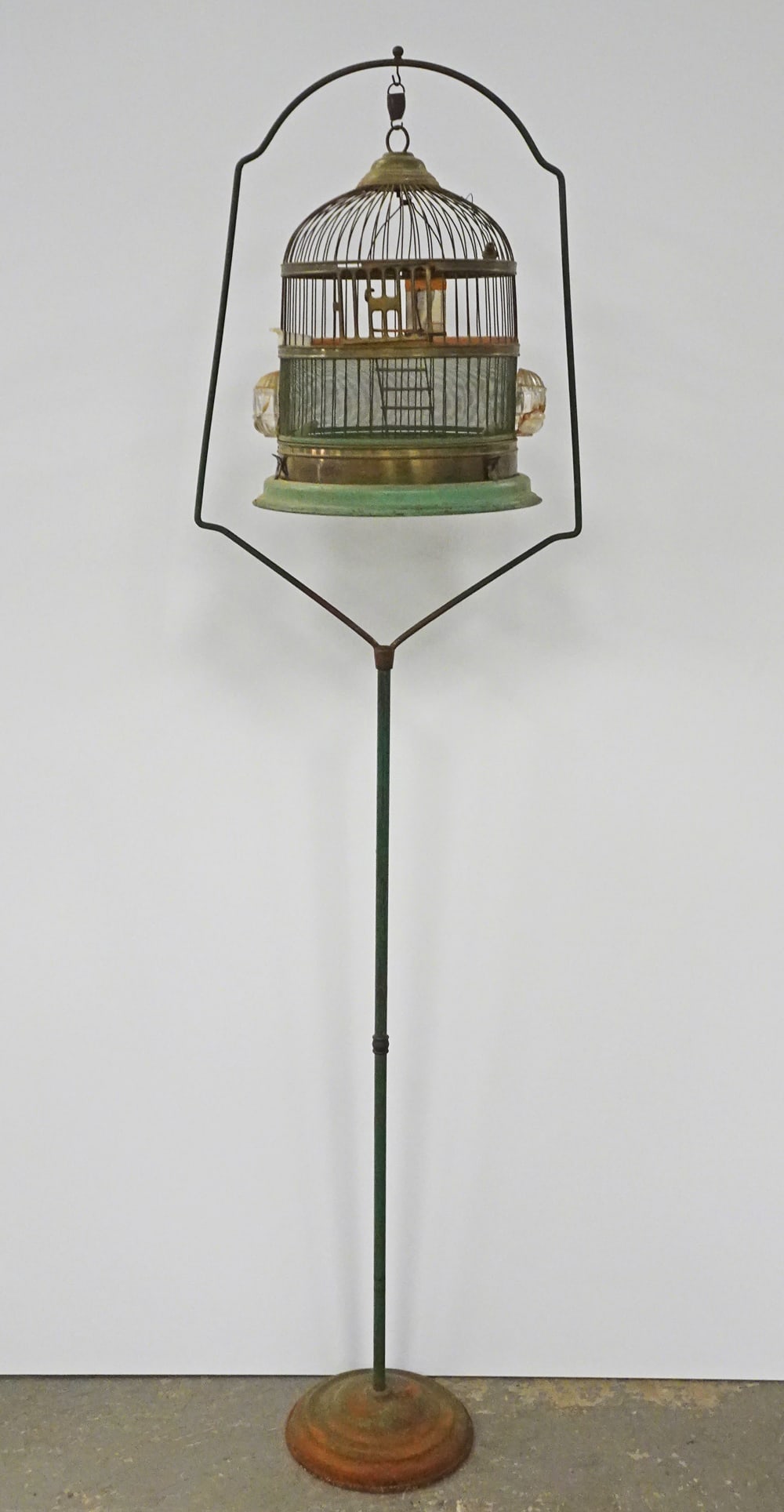 Brass and Tin Hanging Bird Cage on Stand (1 of 2)