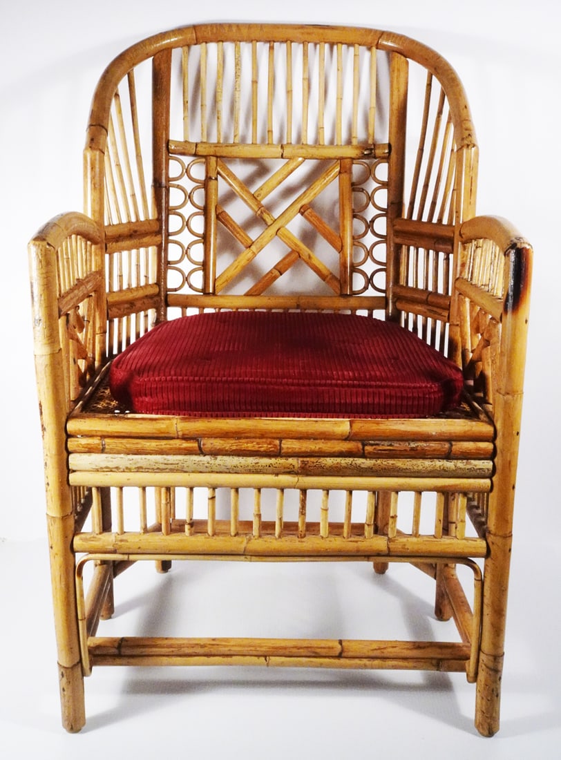 Brighton Pavilion Bamboo/Rattan Arm Chair: Brighton Pavilion Chinoiserie bamboo and rattan arm chair, natural cane seat, circa mid 20th c., 38" (h) x 22 1/2" x 19"