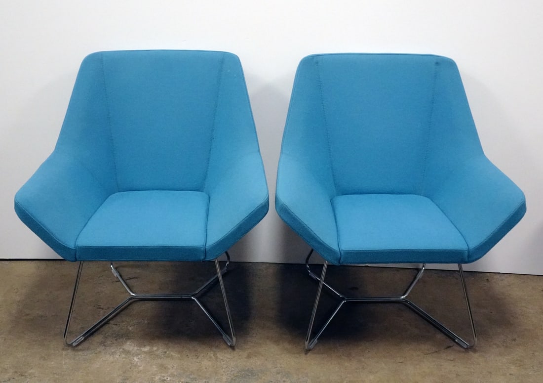 Pair of Keilhauer Cahoots Relax Chairs: Pair of Keilhauer Cahoots #9020 Relax Chairs on Sled Base, blue upholstered with chrome legs, both have company tag attached on underside, circa early 21st c., 33 1/4" (h) x 19 1/2" x 29 1/2"