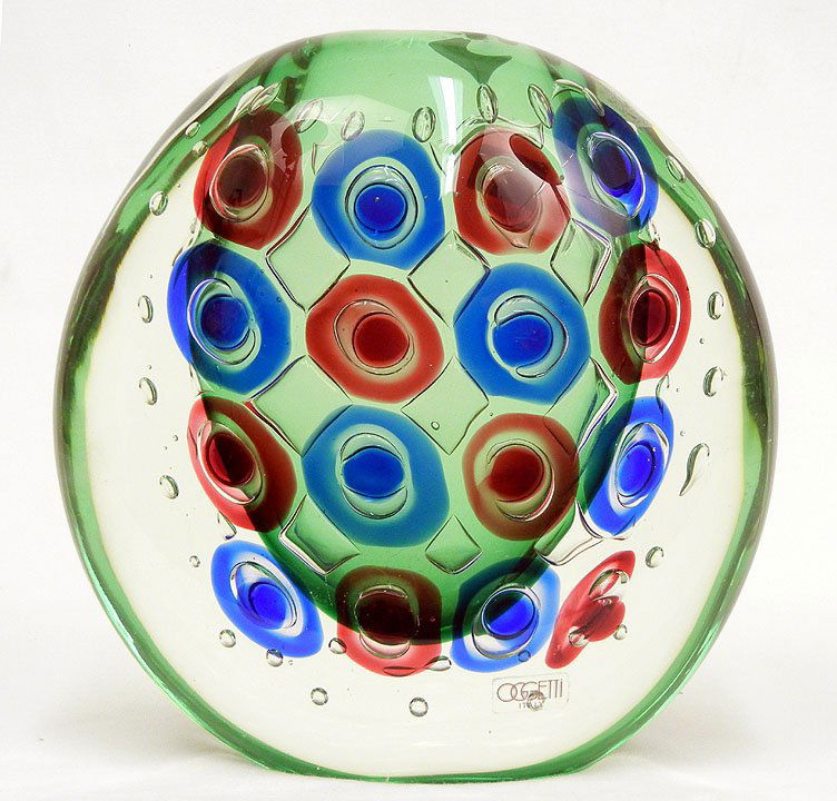 Oggetti Italian art glass vase, signed on bottom "L.: Oggetti Italian art glass vase, signed on bottom "L. Onesto, Mazone Italy", label on front, 9 1/2" high