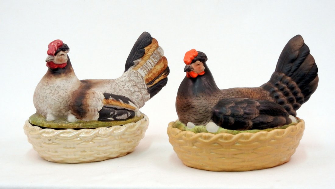 Two hens on nests, one Staffordshire, one with Schl: Two hens on nests, one Staffordshire, one with Schlierwald Germany mark on bottom, 19th C., 8" high