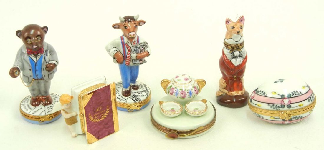 Six Limoges pill boxes including fox, My Secret Cup: Six Limoges pill boxes including fox, My Secret Cupid, tea set, egg, and Wall Street bull and Wall Street bear, both with coin inside, all marked Limoges, 3 3/4" and smaller