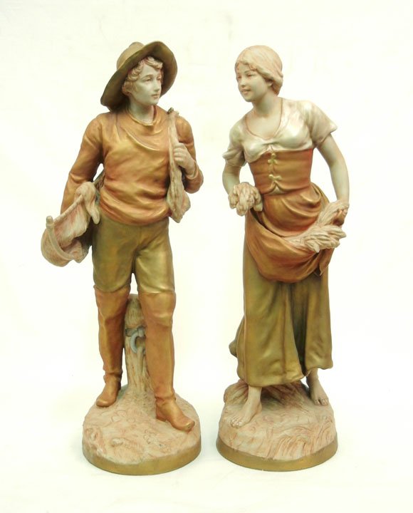 Pair of Royal Dux figurines, Gathering the Harvest,: Pair of Royal Dux figurines, Gathering the Harvest, both marked on bottom, tallest size is 22 1/2" high x 8" across