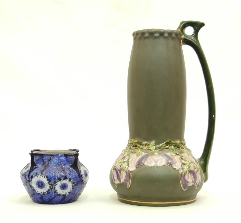 Two art pottery vases, incl. Amphora vase, blue gro: Two art pottery vases, incl. Amphora vase, blue ground with floral decoration, four handles, marked on bottom, impressed 2023, 23, 3 1/2" high x 5" across, and a Julius Dressler vase, green ground wit