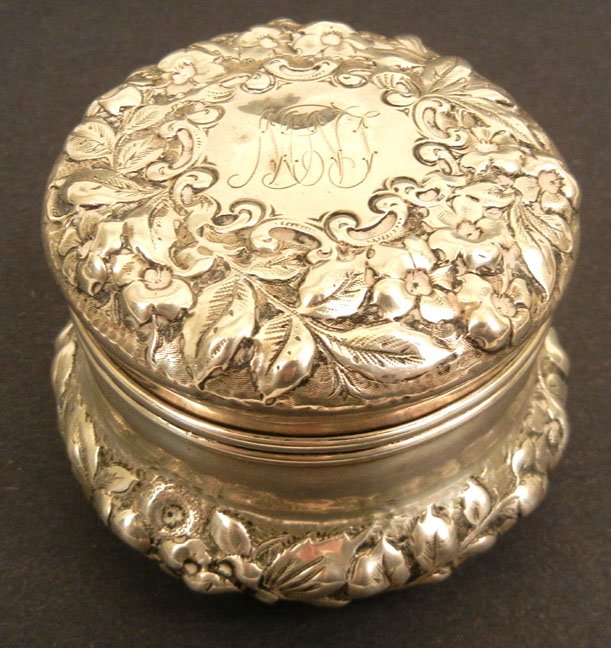 Gorham sterling silver dresser box, monogrammed, r: Gorham sterling silver dresser box, monogrammed, repousse floral and foliate design, hallmarked and marked "Sterling, 424M", 2 1/4" high x 3 1/2" diameter, 3.554 troy oz. total weight