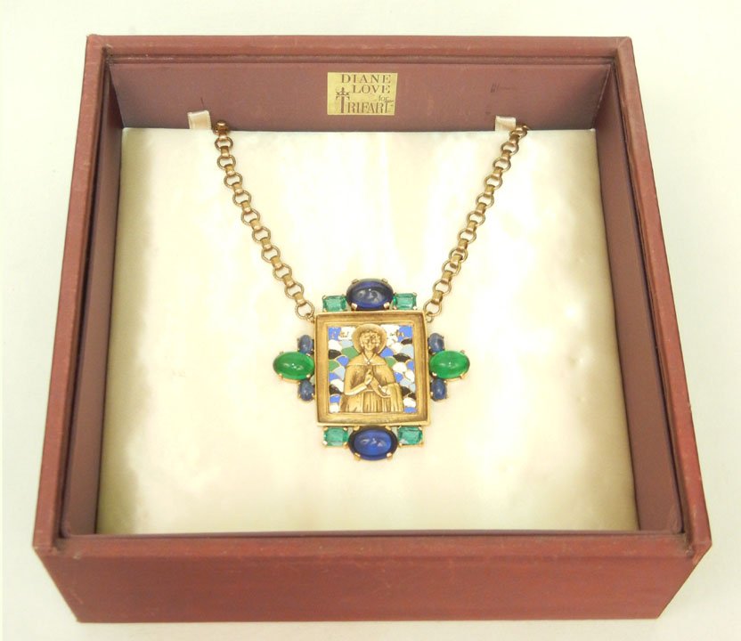 Diane Love for Trifari enameled rhinestone pin/pen: Diane Love for Trifari enameled rhinestone pin/pendant with chain, religious motif, pendant measures 3 1/2" long x 3 1/4" wide, 25" long brass removable chain, edges set with green and blue oval caboc