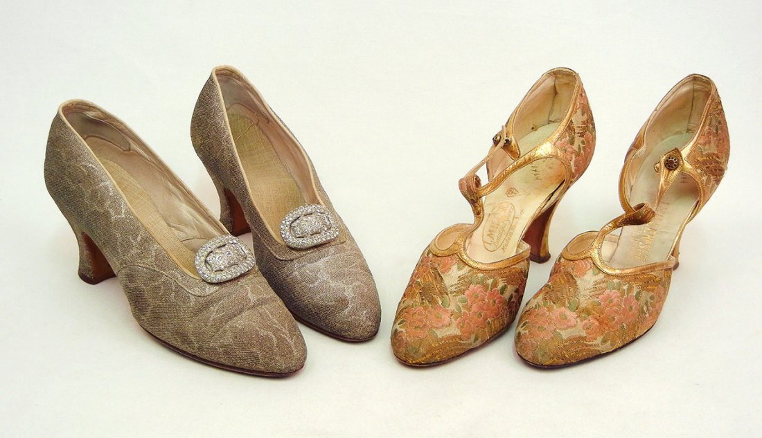 Two pair of lady's early 20th C. brocade shoes inc: Two pair of lady's early 20th C. brocade shoes including one silver color with Art Deco rhinestone shoe clips. 9" long, 2" heel, marked 4C, marked Strawbridge and Clothier; and one multi-color floral 