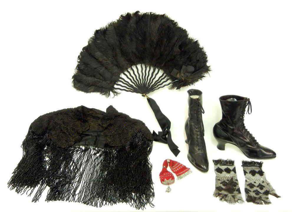 Early 20th C. woman's clothing lot includes, black: Early 20th C. woman's clothing lot includes, black leather boots, 9 1/4" high, 2 1/2" heel, 9 1/2" long, marked on bottom Dorothy Dodd, black ostrich feather fan with celluloid frame and black ribbon,