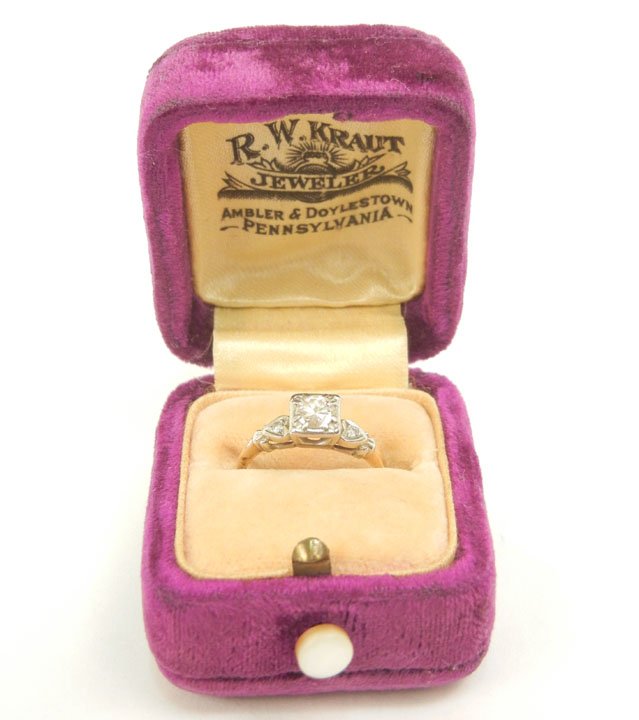 Gold and diamond solitaire engagement ring, 14K ye: Gold and diamond solitaire engagement ring, 14K yellow gold mounting, topped with white gold, center round old European cut diamond measuring approximately 0.40 carats, 0.01 carat diamond on either si