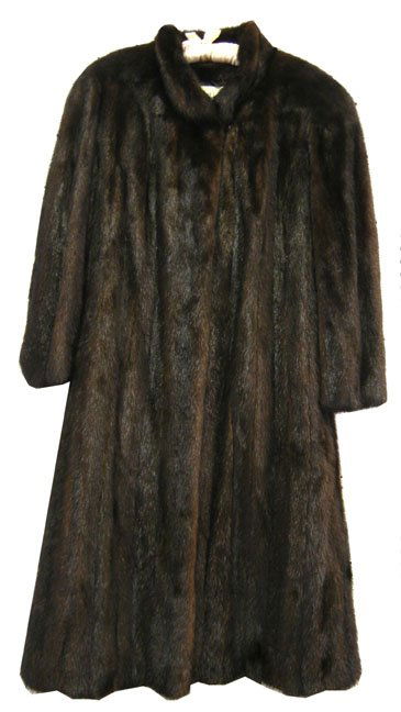 Strawbridge & Clothier full length dark brown mink: Strawbridge & Clothier full length dark brown mink coat, 48" long, 24" sleeve, hook and eye closure, size large, mid 20th C.