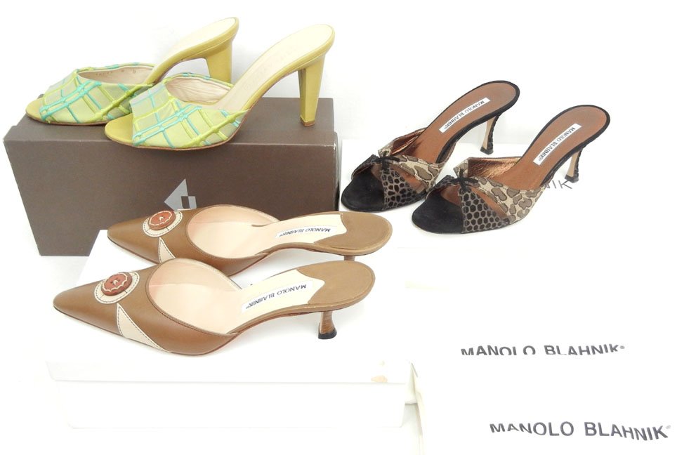 Three pair of Italian leather shoes including Mano: Three pair of Italian leather shoes including Manolo Blahnik "Tailo" animal print sandles, size 37, 2 1/2" heel, original box and dust cover, minor wear on soles, one pair of Manolo Blahnik taupe and 