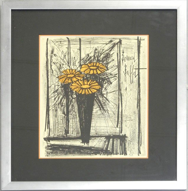 Bernard Buffet lithograph on paper, floral still l: Bernard Buffet lithograph on paper, floral still life with orange daisies, signed in the stone upper right, sight size 11 1/4" x 8 3/4", frame size 17 1/2" x 14 3/4", attached label verso with authent