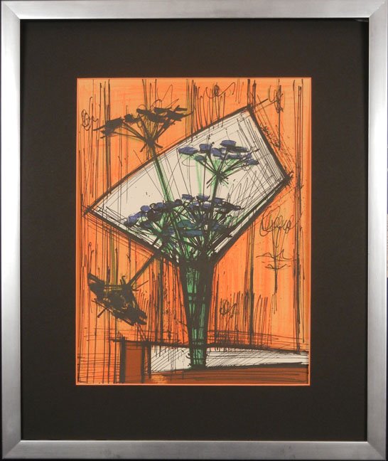 Bernard Buffet lithograph on paper, floral still l: Bernard Buffet lithograph on paper, floral still life "Les Ombelles", "lithographie originale" verso, sight size 12 1/2" x 9 1/2", frame size 18 3/4" x 15 3/4"
