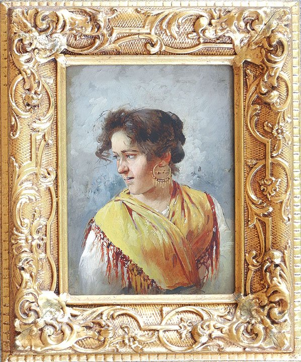 Continental School oil on board, gypsy woman in ye: Continental School oil on board, gypsy woman in yellow shawl, unsigned, sight size 8 1/2" x 5 3/4", frame size 12 1/2" x 10 1/4"