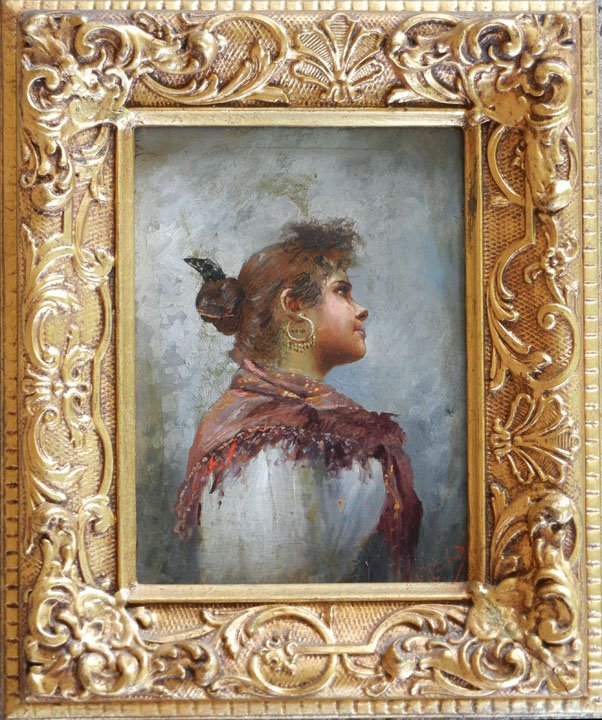 Continental School oil on board, gypsy woman in br: Continental School oil on board, gypsy woman in brown shawl, unsigned, sight size 8 1/2" x 5 3/4", frame size 12 1/2" x 10 1/4"
