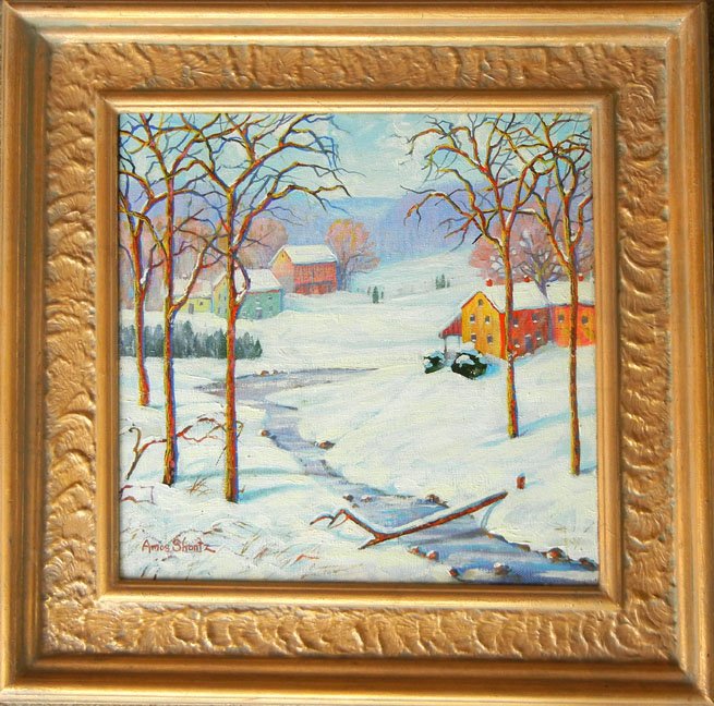 Amos Shontz oil on canvas, winter landscape, signe: Amos Shontz oil on canvas, winter landscape, signed lower left and verso, in artist's frame, 20th - 21st C. American, sight size 12" x 12", frame size 17 1/2" x 17 1/2"