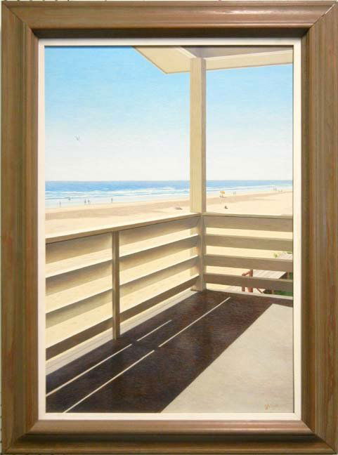 A. (Albert) J. Crull acrylic tempera on board "Sun: A. (Albert) J. Crull acrylic tempera on board "Sunday Morning", signed lower right, sight size 28" x 19", frame size 35" x 25 1/2"