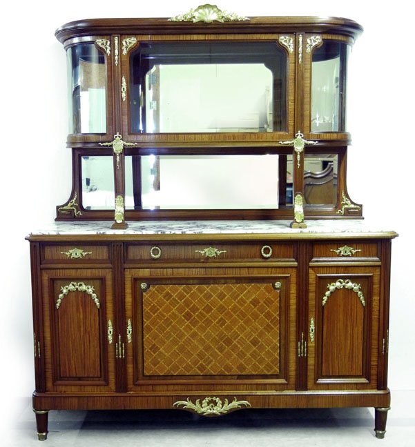 Louis XV style sideboard, inlaid satin wood, marbl: Louis XV style sideboard, inlaid satin wood, marble top, and gilt bronze ormolu, top section with bent glass side panels, beveled glass centered door, bottom piece with three drawers over three cabine