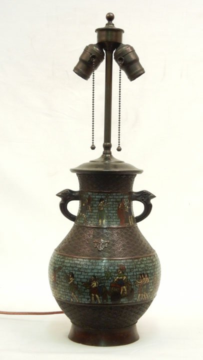 Champleve lamp, double handled, figural banding, d: Champleve lamp, double handled, figural banding, double socket, 23" high