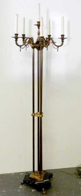 Brass floor candelabra lamp, five arms, marble bas: Brass floor candelabra lamp, five arms, marble base above three paw feet, 69" high