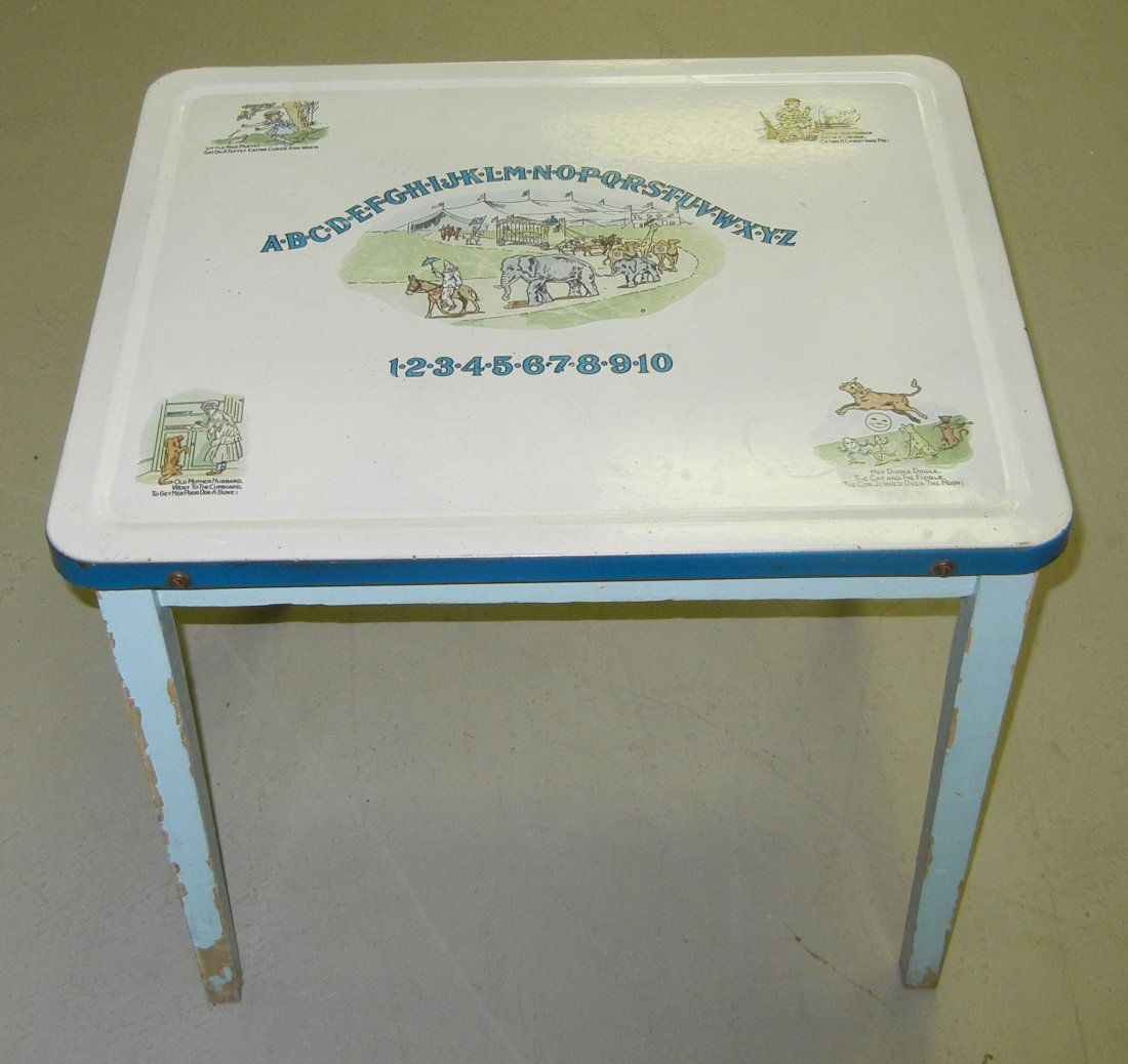 Childs porcelain top table, enameled alphabet: Childs porcelain top table, enameled alphabet and nursery rhyme decoration, painted legs, early 20th C., 21 1/4" high x 24" across