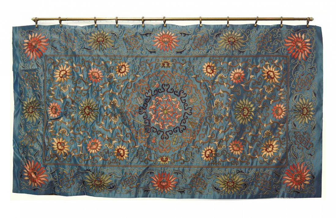 Asian silk wall hanging tapestry, hand embroidere: Asian silk wall hanging tapestry, hand embroidered on silk satin background, backed in fine silk, 33" high x 55" across