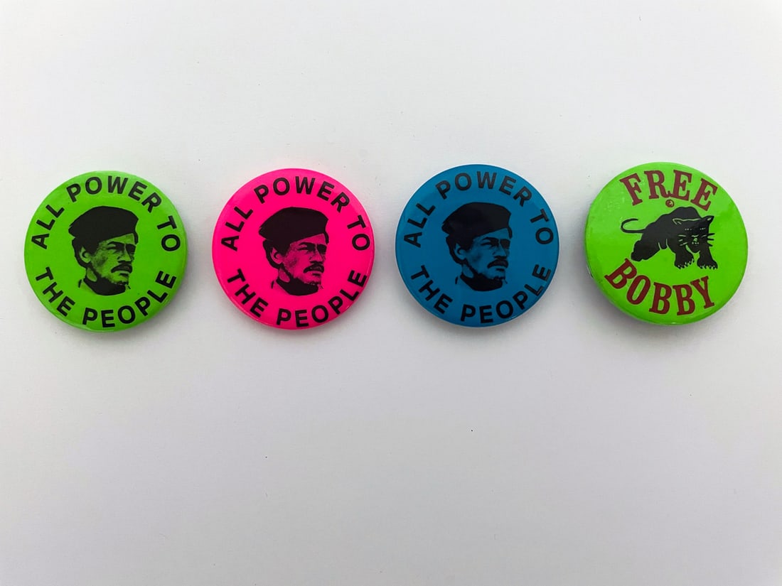Bobby Seale Black Panther Party Pin Back Buttons: Four Bobby Seale Black Panther Party movement pin back buttons, all are original from the late 1960's, "All Power To The People" (qty 3) and "Free Bobby"