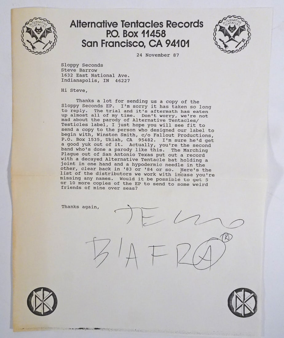 Jello Biafra Signed Letter (1 of 1)