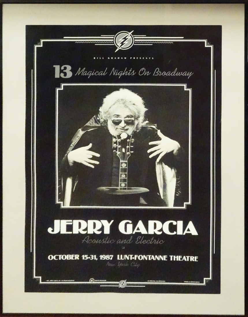 Jerry Garcia Concert Poster: Jerry Garcia 13 Magical Nights on Broadway concert poster, October 15-31, 1987, Lunt-Fontaine Theatre, New York, NY., original printing, Arlene Owseichik and Herb Greene artists, 24" (h) x 16" poster 