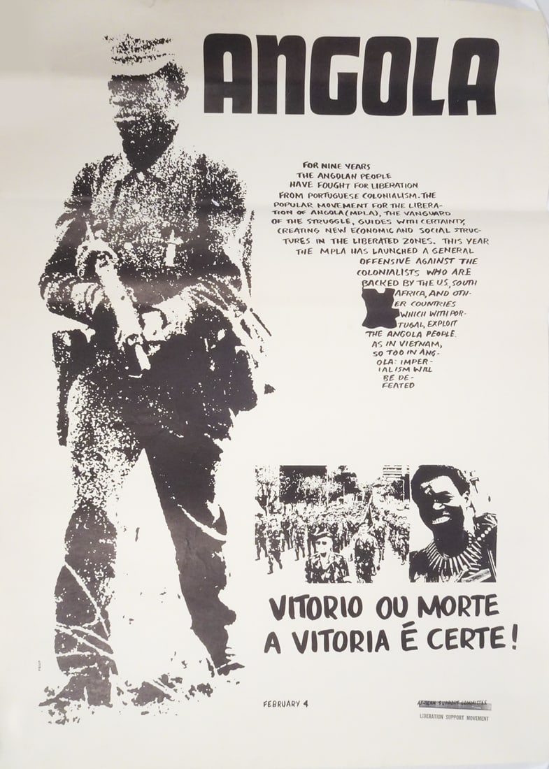 Angola Victory or Death War Propaganda Poster: Angola Victory or Death war propaganda poster, depicts a soldier carrying a rifle, soldiers marching and text, original 1969 printing, photographs by Augusta Conchiglia, produced by African Support Co