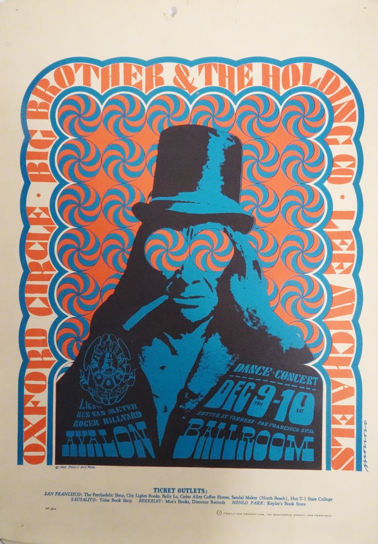 Big Brother and The Holding Co. Concert Poster: Big Brother and The Holding Company "Top Hat" concert poster, Family Dog Productions FD-38-3, Big Brother and The Holding Company, Oxford Circle and Lee Michaels, December 9-10, 1966, Avalon Ballroom,
