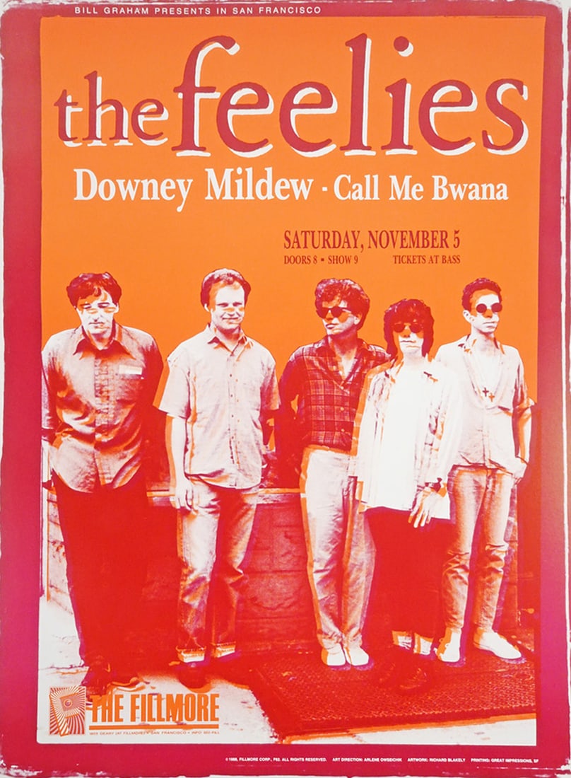 The Feelies Concert Poster: The Feelies concert poster, The Fillmore Corp. F-62, The Feelies, Downey Mildew and Call Me Bwana, November 5, 1988, The Fillmore Auditorium, San Francisco, CA., original printing, Richard Blakely art