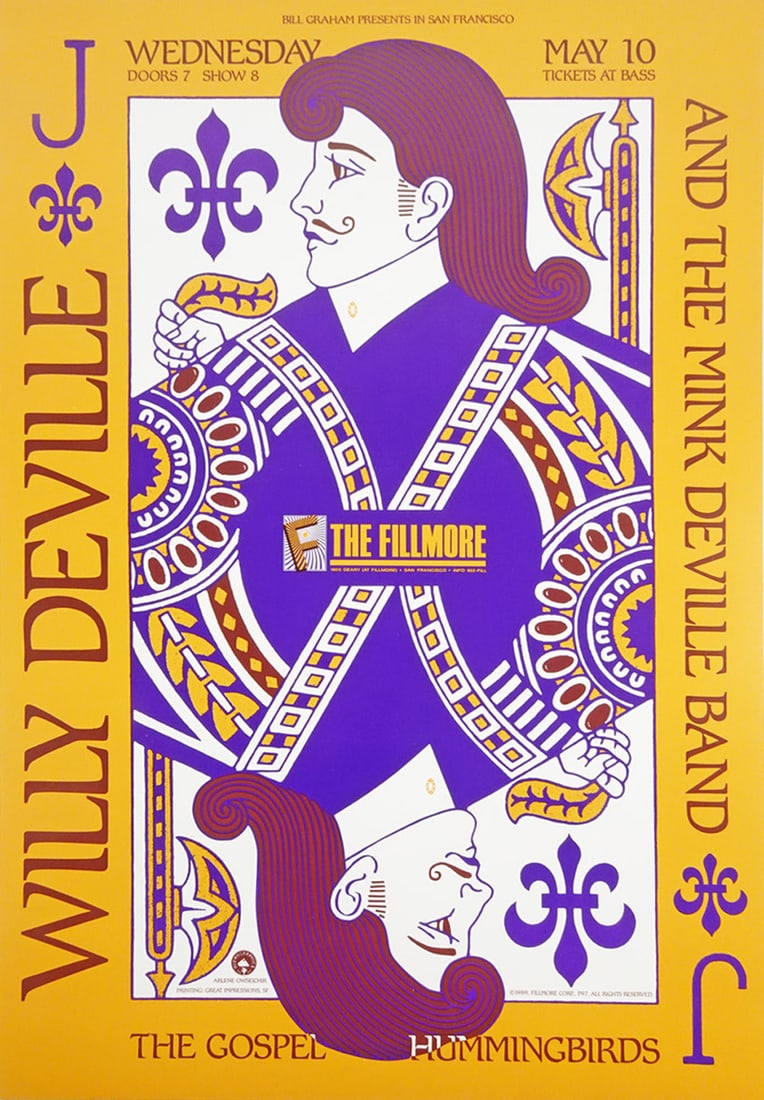 Willy DeVille/Mink DeVille Band Concert Poster: Willy DeVille and The Mink DeVille Band concert poster, The Fillmore Corp. F-97, Willy DeVille and The Mink DeVille Band and The Gospel Hummingbirds, May 10, 1989, The Fillmore Auditorium, San Francis