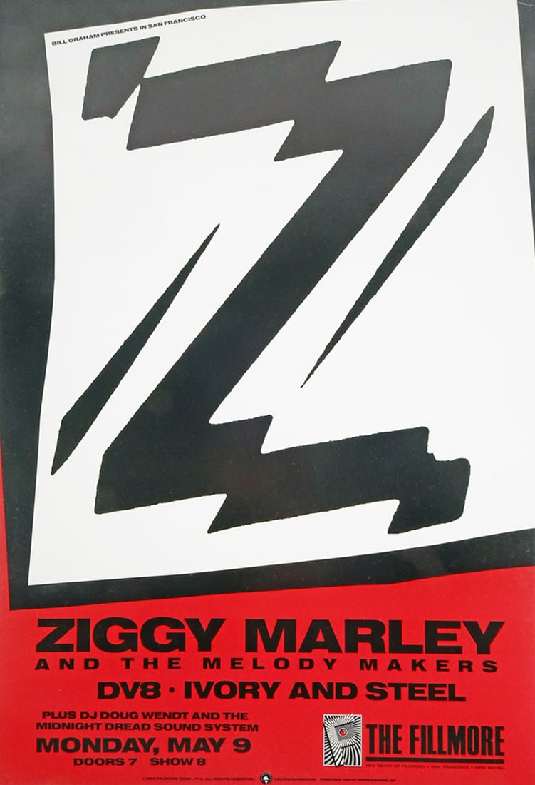 Ziggy Marley and The Melody Makers Concert Poster: Ziggy Marley and The Melody Makers concert poster, The Fillmore Corp F-14, Ziggy Marley and The Melody Makers, DV8 and Ivory and Steel, May 9, 1988, The Fillmore Auditorium, San Francisco, CA., origin