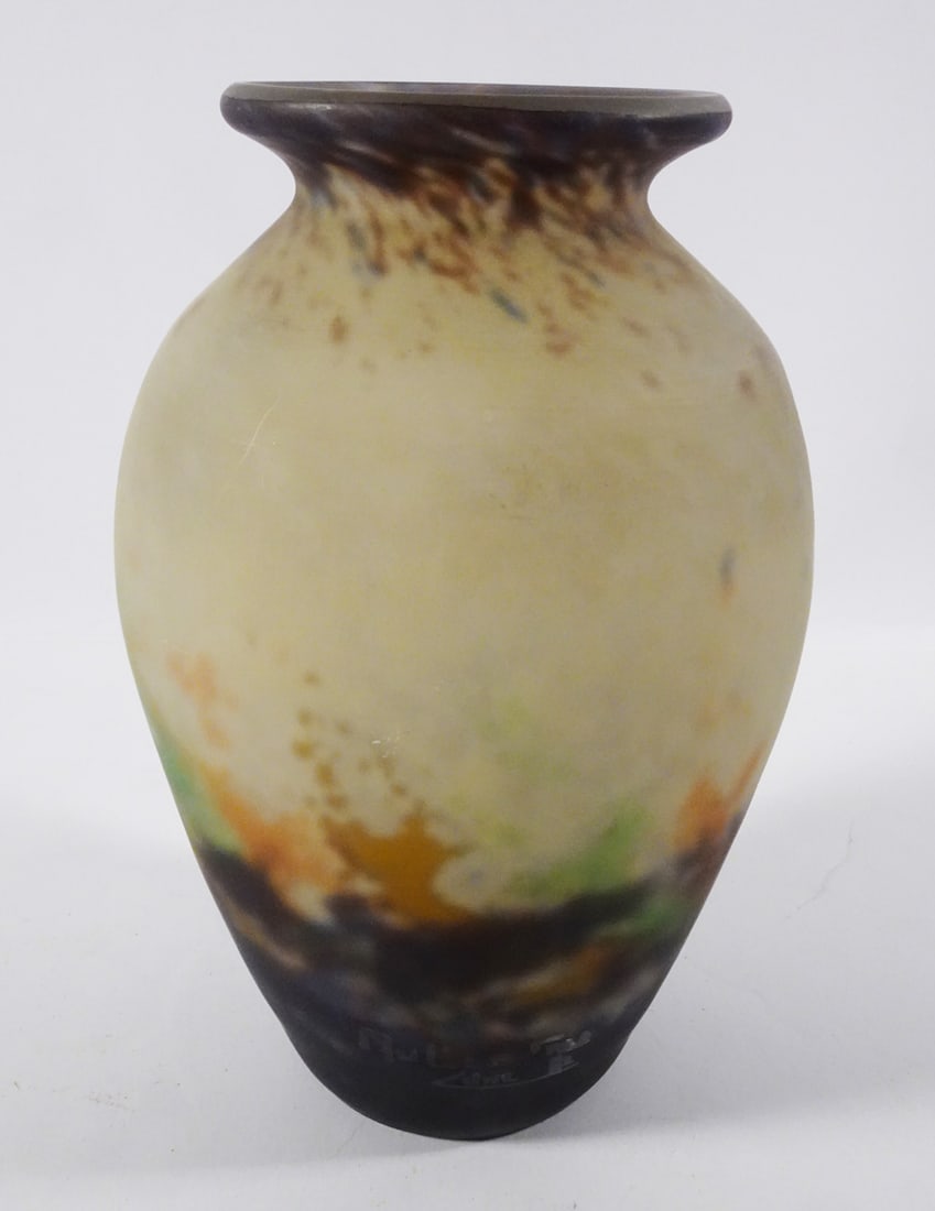 Muller Freres French Art Glass Vase: Muller Freres French art glass vase, satin cased finish with multi color mottle design, signed Muller Fres Luneville, circa 1930's, 8" (h) x 4"